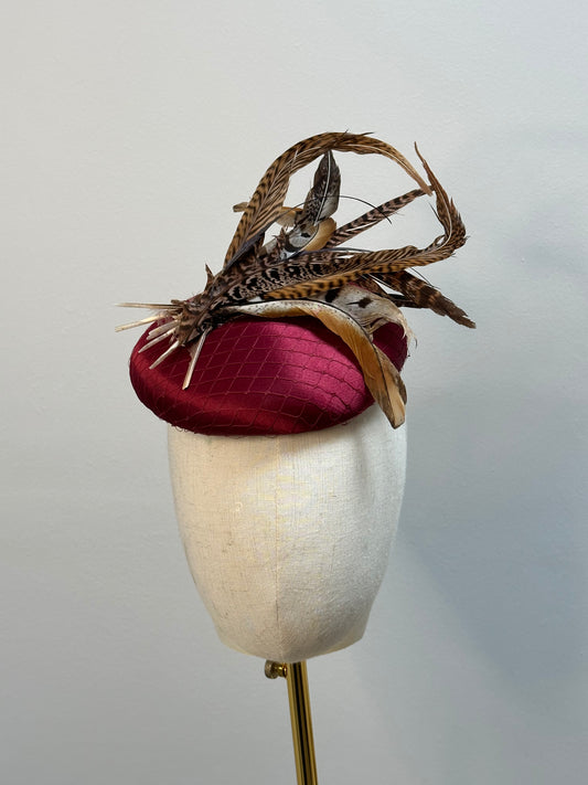 Burgundy pheasant feather headpiece
