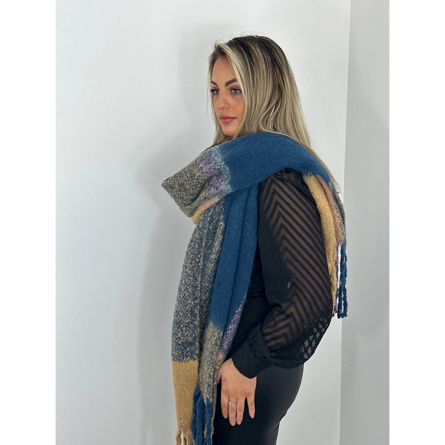 Wool navy beige and pink scarf