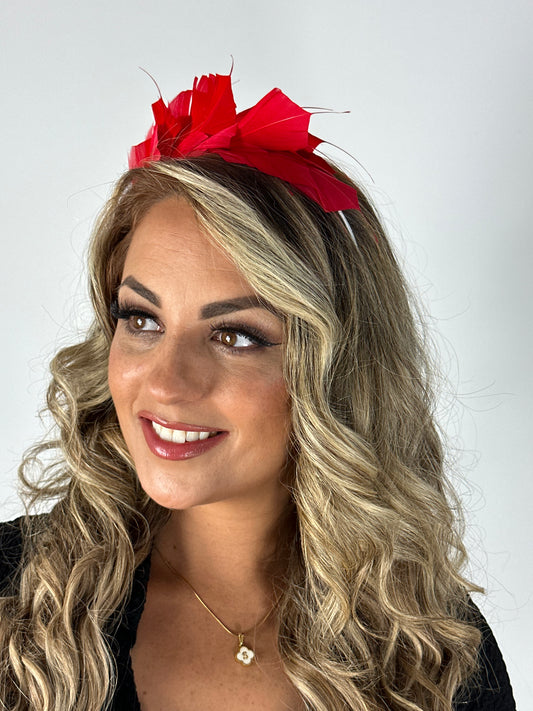 Red feather fascinator half crown