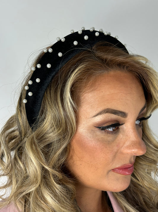 Black velvet pearl beaded headband