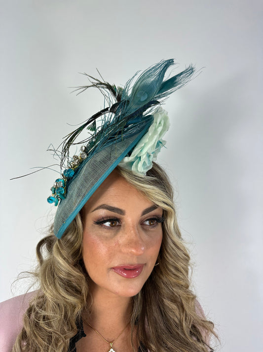 Green/teal fascinator headpiece peacock feathers