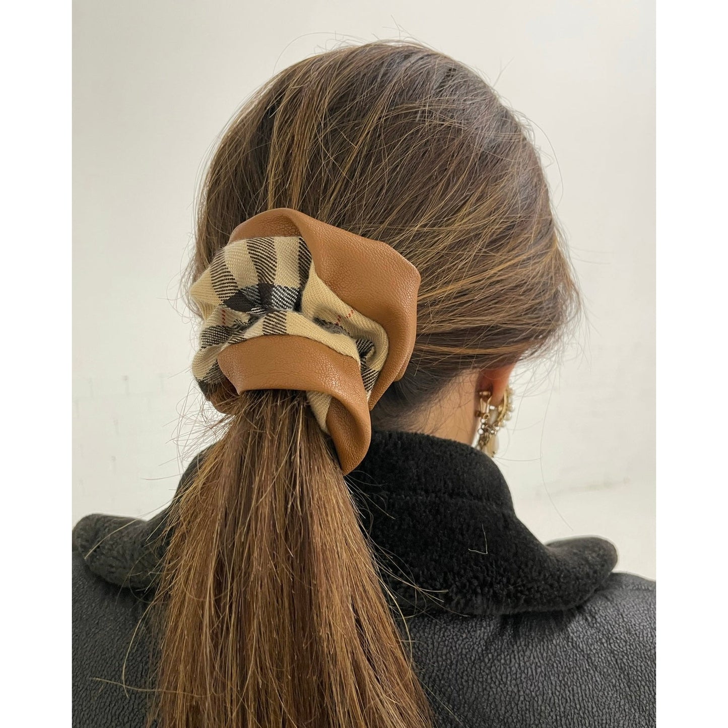 Tartan/ leather brown scrunchie